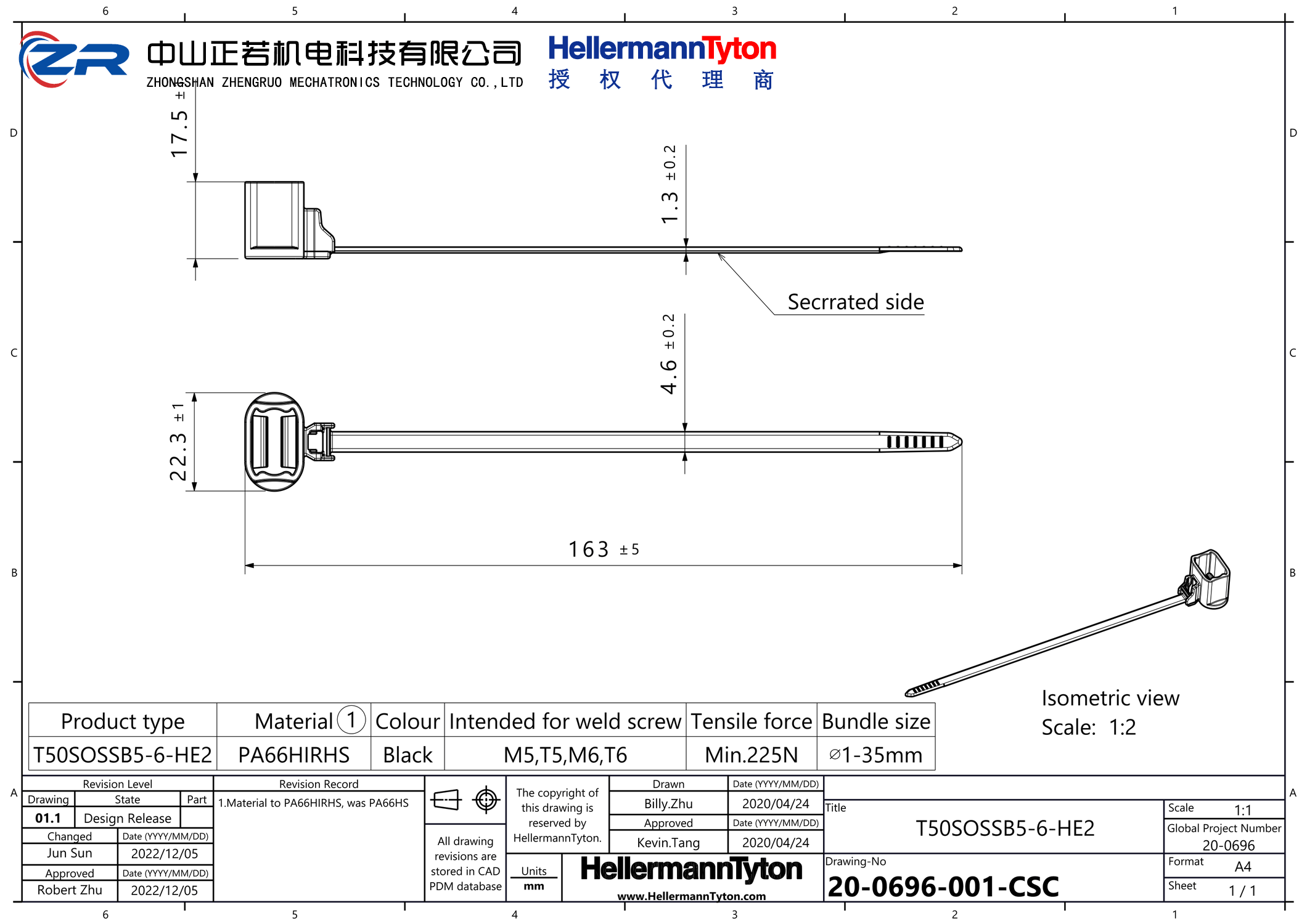 157-00501 T50SOSSB5-6-HE2-PA66HIRHSUV-BK 产品图纸 Hellermanntyton 授权代理-正若机电