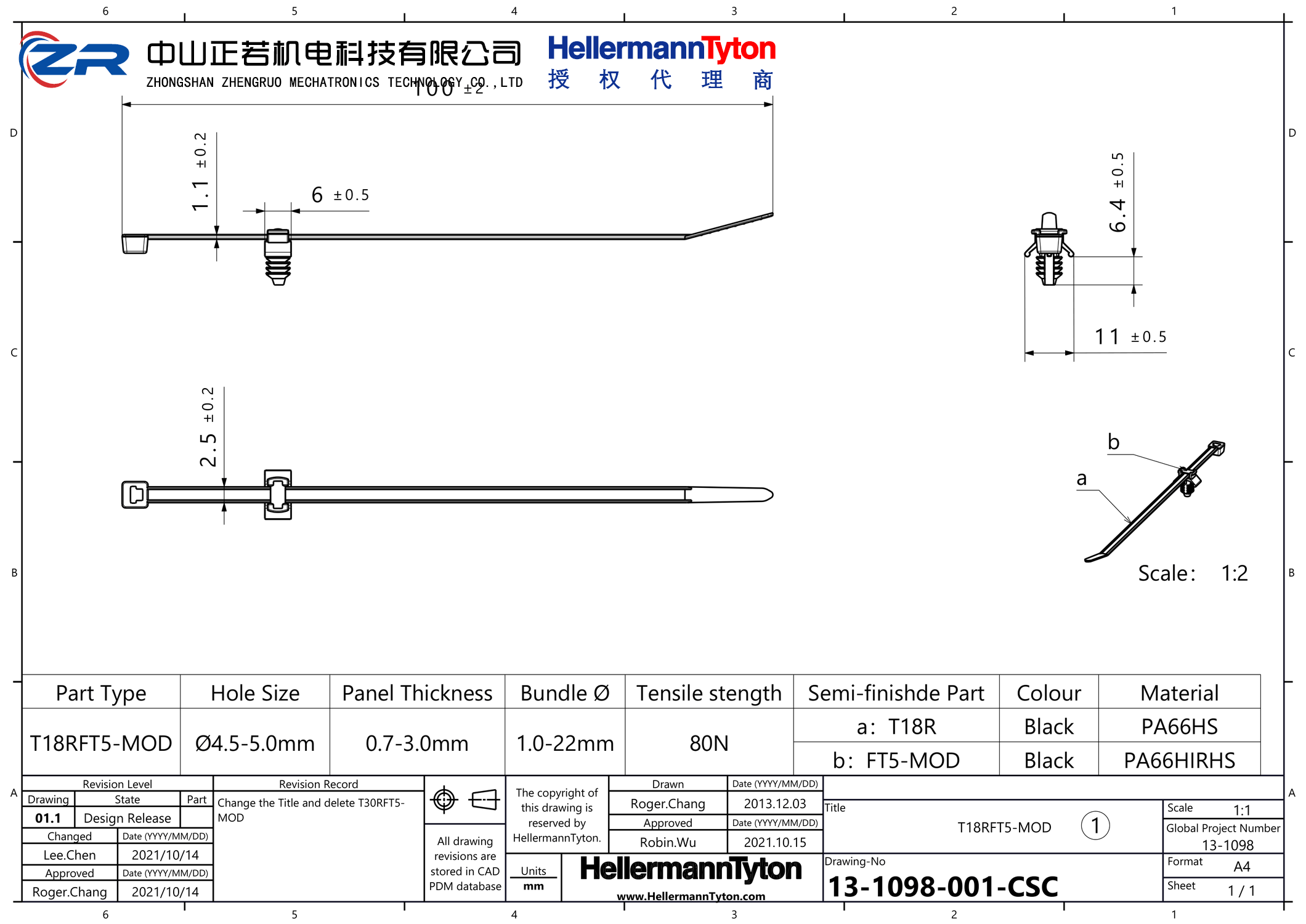 156-01270 T18RFT5-MOD-PA66HS/PA66HIRHS-BK 产品图纸 Hellermanntyton 授权代理-正若机电